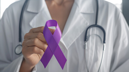 a female doctor holding a purple ribbon