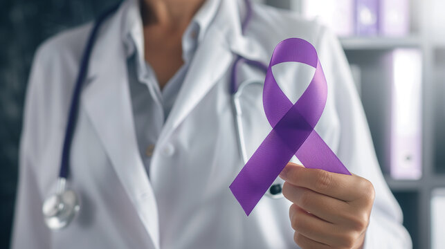 a female doctor holding a purple ribbon