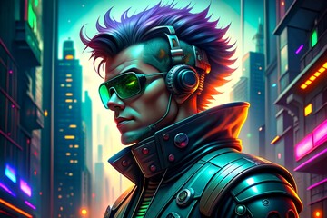 Cyberpunk character in neon lights illuminate futuristic cityscapes, blending high-tech advancements with gritty urban landscapes, Generative AI