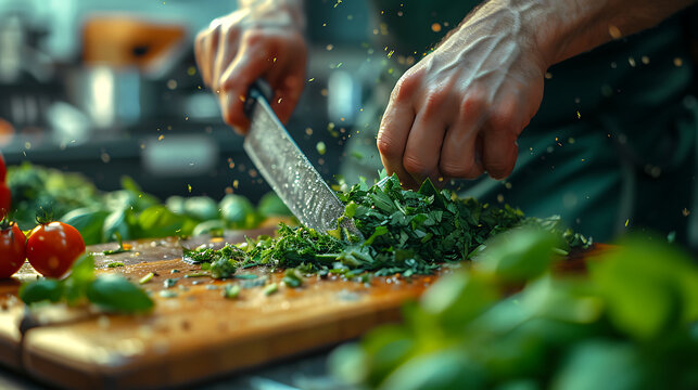 Chef slicing vegetables on a wooden board, in the style of soft focus, stylish AI Image Generative