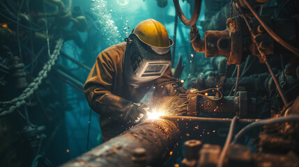underwater welder repairs the bottom of a ship