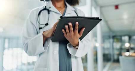 Tablet, doctor hands and person typing research of medicine study, cardiology info and reading...