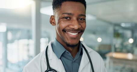 Hospital, doctor and face of African man for medical service, insurance and clinic care....