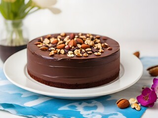Of chocolate cake topped with nuts served on white plate near flower vase.  AI Generated