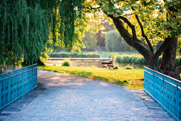 Pathway across beautiful park with a pond. Someone sitting on the bench in the background. Summer time in park.