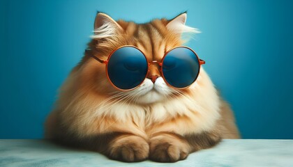 Cat in the sunglasses on blue solid background. Humanization animal surrealism advertising concept