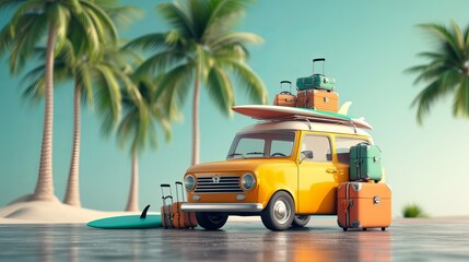 Funny vintage car with a surfboard, bags, and palm trees. Imaginative summertime trip 3D drawing. Summertime getaway idea.
