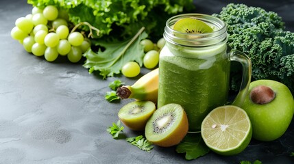 Raw, vegan, vegetarian, alkaline food concept. Glass jar mugs with green health smoothie, kale leaves, lime, apple, kiwi, grapes, banana, avocado, and lettuce. Copy space.