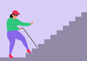 blind woman try to climb the stairs vector illustration