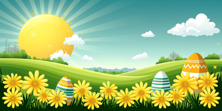 Sunny flower field background image with easter eggs