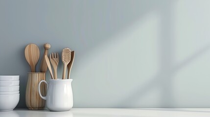 Fototapeta na wymiar Kitchen utensils background with text placeholder, front view, home kitchen decor concept
