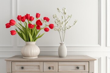 Happy Women's Day: Red Tulip Bouquet on Dresser in Living Room. Women Day