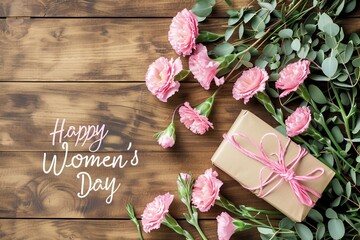 Happy Women's Day Text with EU stoma Flowers and Gift Box. Women Day