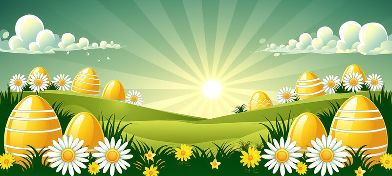 Sunny flower field background image with easter eggs