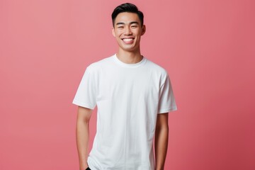 Studio shot of a young Asian man with blank white t-shirt. T-shirt mockup design