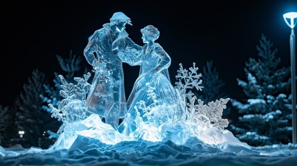 Frozen Embrace: Spotlight on an Ice Sculpture Couple generative ai