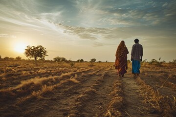 Rustic Love: Indian Couple Amidst Sand Fields generative ai