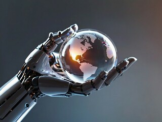 Fototapeta premium Modern world a robot hand-holding transparent globe concept, futuristic design, AI technology.