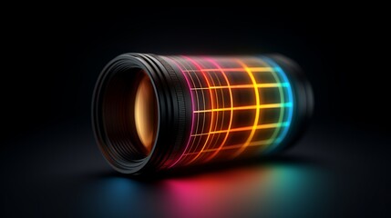 close up illustration of camera photo lens on light rays background