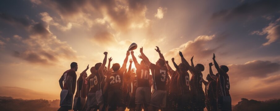 American football players standing in a huddle and raising a championship trophy in celebration