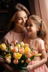 Mother's day. Child daughter congratulates mother and gives a bouquet of tulip flowers