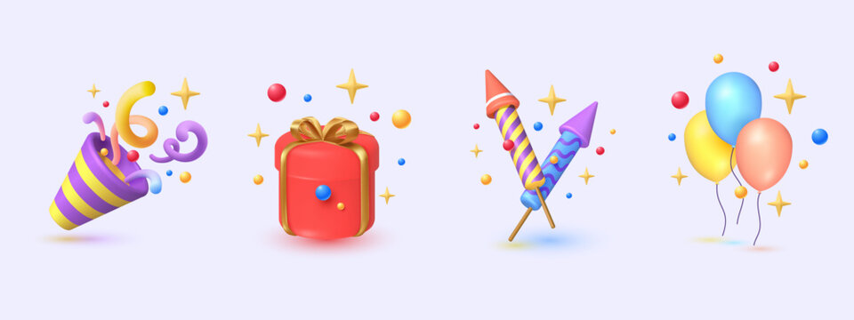 3d icon Confetti party popper, Gift Box, firework and balloon illustration