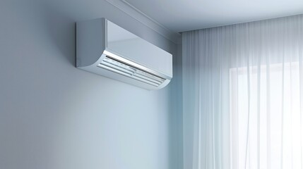 Air Conditioning Unit in a Bright Room with Draped Curtains