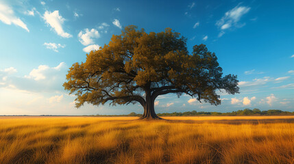 Fototapeta premium A solitary majestic oak tree stands tall in the midst of a vibrant meadow blanketed with orange wildflowers under a serene sky.