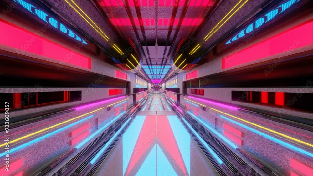 Poster camera movement through an endless fanatic tunnel. sci-fi tunnel with glowing monitors. looping anim