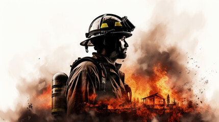 Naklejka premium Double-exposure photo of a firefighter and a city on fire on a background with spaces for copying. Generative AI