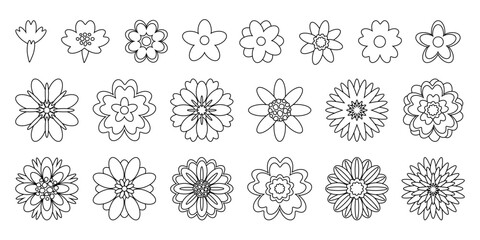 Hand drawn floral elements set. Collection of decorative flowers for icons, wedding, congratulation card, poster design, coloring page. Vector design elements isolated on white