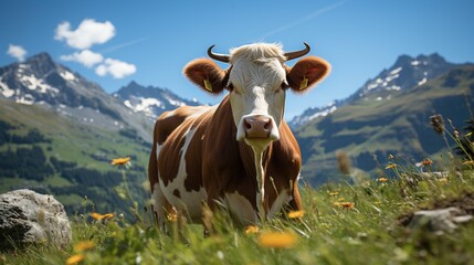 Fototapeta na wymiar Breathtaking image of a cow peacefully grazing in a meadow with snow-capped mountains in the background. Generative AI