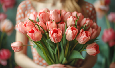 Tulips bloom in woman hand