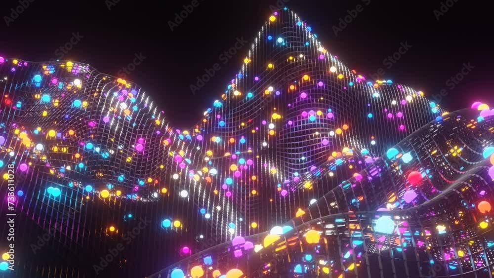 Poster multi-colored luminous spheres on a moving deforming lattice. looped animated background. 3d render