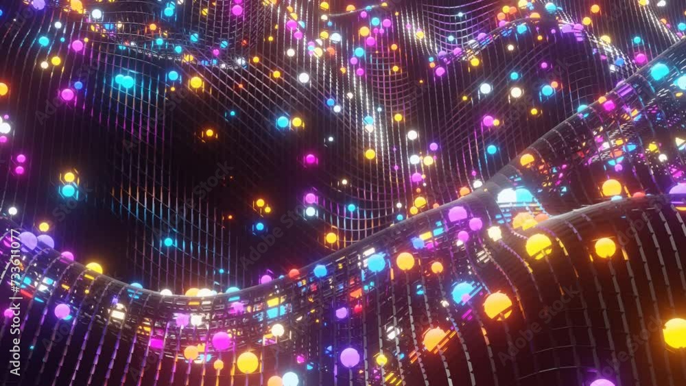 Poster multi-colored luminous spheres on a moving deforming lattice. looped animated background. 3d render