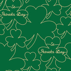 Tree leaves clover with Text St Patrick's Day seamless pattern on green background. Vector illustration.