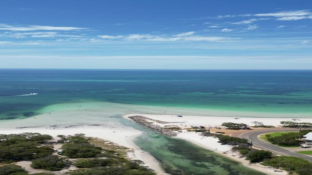 Aerial footage of the car park at Abbey Beach on Brennan Bay in Western Australia, Australia