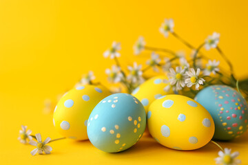 Easter decorated eggs on a yellow background