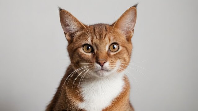 Portrait of Ruddy abyssinian cat on grey background