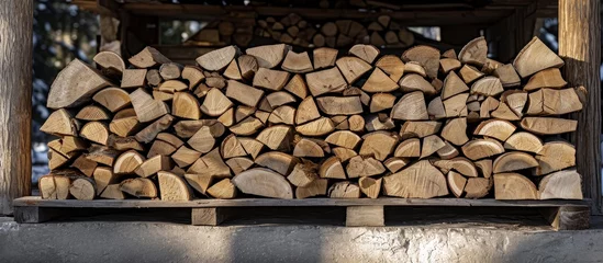 Fototapete Rund Stacked firewood stored in a shelter for the winter, with many annual rings. © TheWaterMeloonProjec