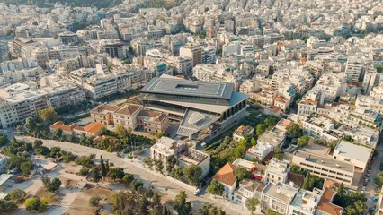 Poster Athens, Greece. Acropolis Museum in the light of the morning sun. Summer, Aerial View © nikitamaykov