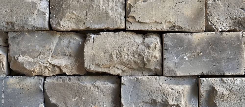 Poster an intricate pattern of rectangular bricks, a building material made of composite materials, creates