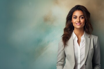 A background image showcasing a smiling young businesswoman, with customizable space for branding overlays, providing versatility and professionalism in various design contexts.