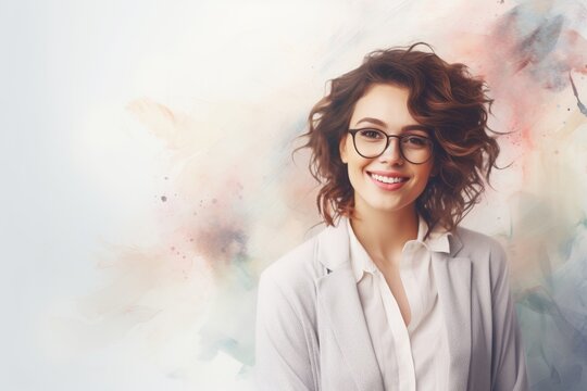 A background image with room for customization featuring a smiling businesswoman, providing space for branding overlays, ideal for a variety of design applications.