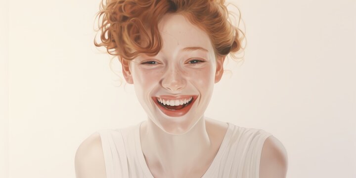 A background image with a young woman, laughing, against a white backdrop, provides ample space for customization while exuding joy and positivity in its versatile design.