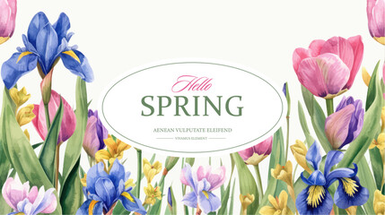 Vector watercolor banner with beautiful flowers framed for spring celebration