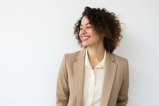 A background image featuring a smiling businesswoman against a white backdrop, providing a clean and professional canvas for various design applications, suitable for customization.