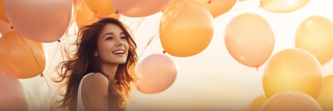 A wide background image featuring a happy woman surrounded by balloons with the sky in the background, providing a joyful and celebratory backdrop for various design purposes.
