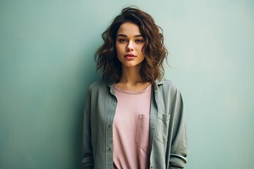 Fototapeta premium A background image featuring a young woman standing against a light green wall, providing a fresh and vibrant backdrop for various design needs.