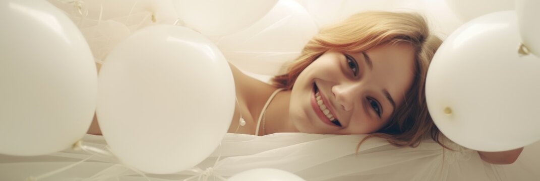 A wide background image featuring a happy young woman surrounded by white balloons, providing a cheerful and uplifting backdrop for various design purposes.